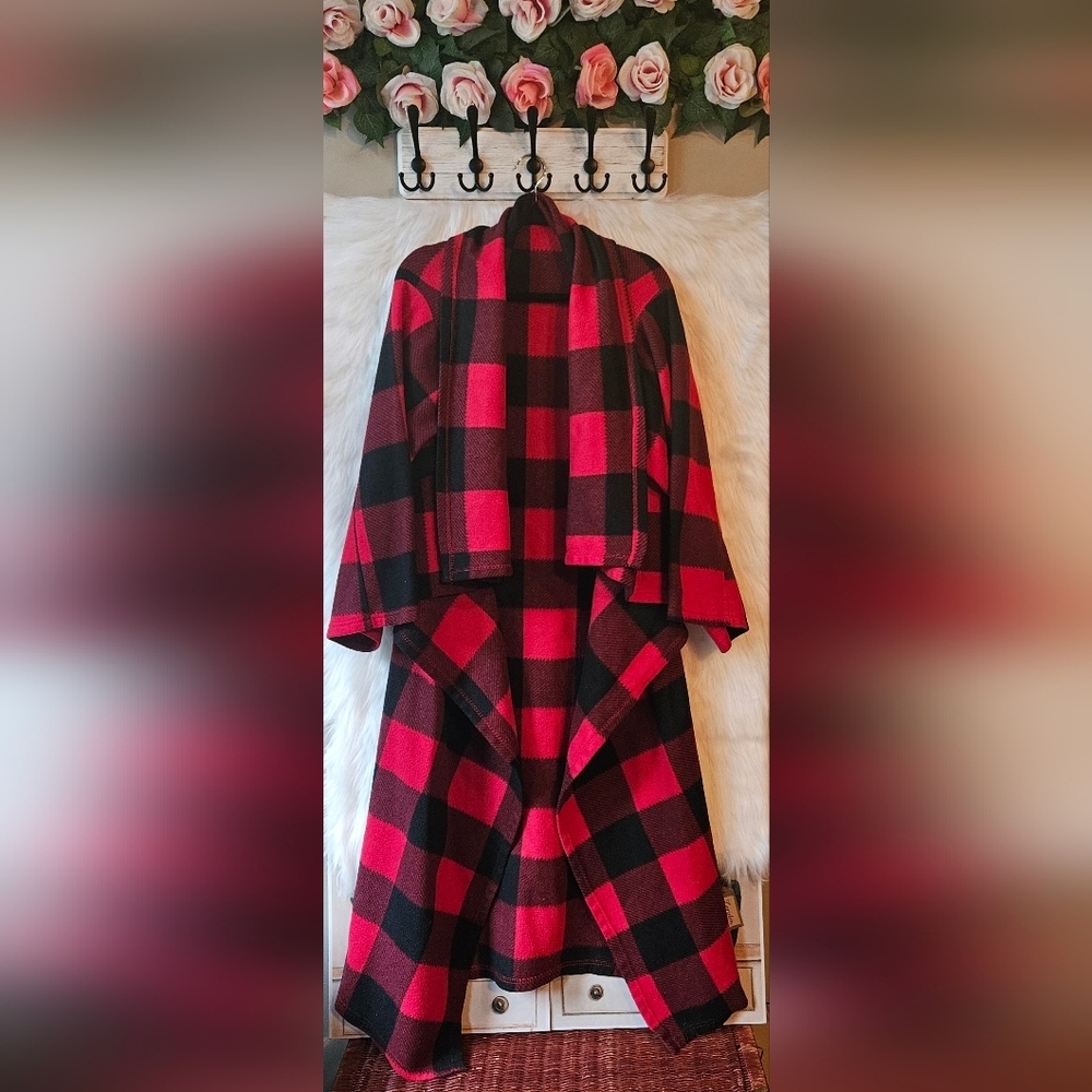 Winter Plaid Open Front Longline Fleece Jacket
